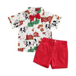 Clothing Sets 2-piece clothing set for toddlers and boys farm/circus cartoon animal print short sleeved shirt with bow tie and solid color short sleeved set Q240517