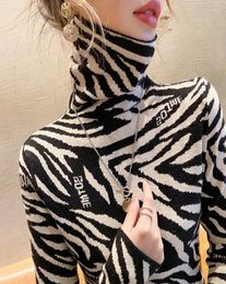 QNPQYX 2021 New Pullover Spring Autumn Women Knitted Turtleneck Sweater Casual Jumper Zebra Pattern Letter Print Slim Sweaters3837297