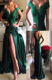 2017 New Arrival Long Prom Dresses Dark Green V Neck Lace Applique Elastic Satin Sexy Side Split Formal Evening Gowns Red Carpet C5531906