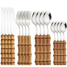 Dinnerware Sets Knife 16pcs Purely Nature Spoon Steel Tableware Natural Bamboo Fork Cutlery Stainless Handle Set