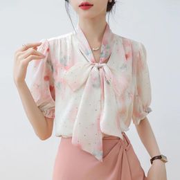 Women's Blouses French Romantic Print Bow Shirts & 2024 Summer Korean Sweet Gentle Ribbon Blusas Fashion Casual Loose Shirt For Women