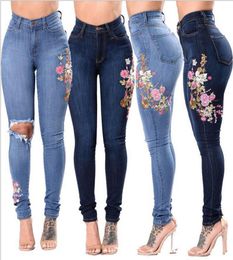 Songsanding 3XL Womens Denim Floral Embroidery High Stretch Jeans Big Yard Light Dark Blue Leggings Pants High Waist Pants9226329