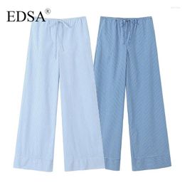 Women's Pants EDSA Women Blue Striped Straight With Drawstring Lace Up Loose Vinatge Long Trousers Mid Elastic Waist Female Chic Lady