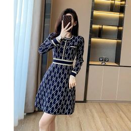 Casual Dresses Autumn Winter Temperament Patchwork O-neck Knitted Dress Ladies Fashion Buttons Slim Long Sleeve Elegant Women Clothing