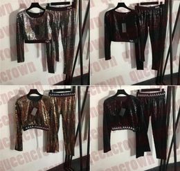 Sequin Top Pants Sets Long Sleeve Crop Tops Letter Webbing Elastic Leggings Womens Night Party Clothes5725853
