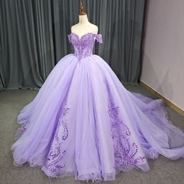 Lilac Shiny Quinceanera Dress Off The Shoulder Ball Gown Lace Applique Sequins Beading Tull Mexican Sweet 16 Vestido De 15 Anos