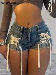 Fashionable lace with blue elastic denim shorts suitable for womens summer casual tight jeans sexy beach night club set 240517