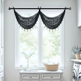 Curtain Black Jacquard Waterfall Valance Burgundy Swag With Tassel Trim For Bedroom Living Room Windows Ring Top