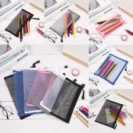 Storage Bags Nylon Fashion Stationery Coin Purse Cosmetic Makeup Mesh Pen Bag Zipper Pencil Case Transparent Grid