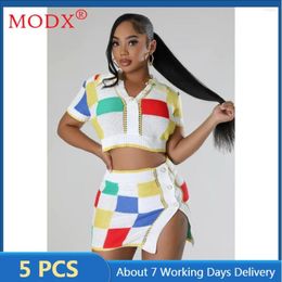 Work Dresses 5sets Summer Knitted Dress Sets Women Sexy Contrast Colour Short Shirts Hip Skirts Outfits Y2k Bulk Items Wholesale Lots