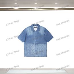 xinxinbuy Men designer Tee t shirt 2024 Italy emboss Letter jacquard pattern denim sets short sleeve cotton women Grey black blue Khaki M-4XL
