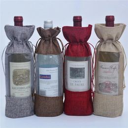 Storage Bags Red Wine Drawstring Packaging Bag Linen Cloth Mouth Single Bottle Champagne Wedding Party Decoration