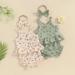 Clothing Sets Fashion Summer Toddler Kids Baby Girls Clothes Floral Print Button Sleeveless Ruffles Cotton Tanks Shorts Headwear Outfits