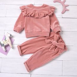 2PCS fall and winter models girls coral fleece warm Baby Sets coral fleece top coral fleece pants warm and comfortable 240518