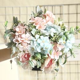 Decorative Flowers Mixed Hydrangea Rose Artificial Bouquet High Quality Diy Home Garden Wedding Decoration Silk Fake