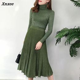Work Dresses Woman Knitted Suit Autumn Winter Turtleneck Knitting Sweater Long Sleeve Pullover Pleated Skirt Two-piece Sets