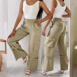 Women's Pants Snap Button Buckled Drawstring Cargo Women High Waist Elastic Full Length Trousers Pockets Solid Color