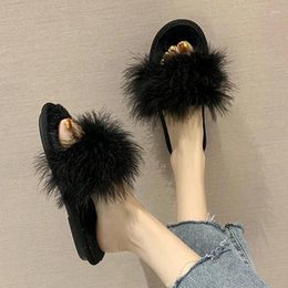 Slippers Women Fashion Furry Indoor Floor Flat Shoes Home Open Toe Plush Slides Black White Pink Autumn Winter Zapatillas Mujer