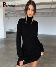 BEFORW Long Sleeve Turtleneck Knitted Dress Women Casual Autumn Winter Sweater Dress Female Sexy Elegant Pullover Mini Dresses 2011602862