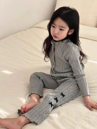 Clothing Sets 2024 Spring Baby Girl Long Sleeve Clothes Set Toddler Ribbed Cardigan Coat Bow Flared Pants 2pcs Suit Kids Casual Outfits