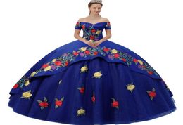 Gorgeous Royal Blue Off Shoulder Quinceanera Dress Charra Multicolors Floral Appliques Short Sleeves Overlay Charro With Sparkle 7468644
