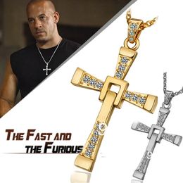 Movie Fast And Furious 8 Necklace Religious Crystal 14K Gold Cross Pendant Necklace Men Gift Rhinestone