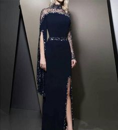 2021 New Formal High Neck Navy Blue Evening Dresses kaftan Dubai Beaded Long Sleeve Party Gowns Modest robe de soiree Split Prom D3895130