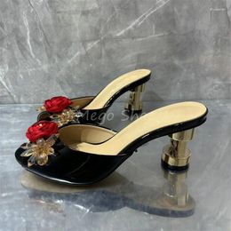 Slippers Pointed Peep Toe High Heels For Women Fashion Brand Design Red Rose Flower Decor Shaped Heel Half Shoes Lady Size43