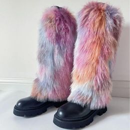 Women Socks Rainbow Color Faux Fur Winter Cute Leggings Plush Gothic Boots Cover Harajuku Stage Performance Accessories