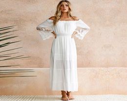 Summer Sundress Women White Beach Long Dress Sexy Strapless Off Shoulder Long Sleeve Loose Cotton Lace Boho Maxi Dress3235287