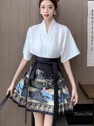 Work Dresses Chinese Style Short Sleeve Chiffon Blouses Mini Horse-Face Skirt For Women Summer Hanfu Suit Two Piece Sets Ladies Outfits