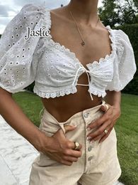 Women's Blouses Jastie Summer Embroidery Hollow Lace Crop Top Bohemian Seaside Beach Blouse Shirt French Puff Sleeve Women Tops 2024