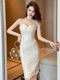 Casual Dresses Fashion Summer Jacquard Pearl Evening Dress Women Luxury Mujer Chic Sexy Strap Sleeveless Wrap Hip Slim Midi Party Prom