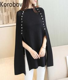 Korobov Pullovers Women Cloak Autumn New Knitted Double Breasted Oversize Sweaters Batwing Sleeve Solid Sueter Mujer 785243728745