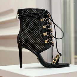 Boots Summer Black Brand Designer Hollow Sandals Retro Lace-Up Shoes For Women High Heel Party Pumps Genuine Leather