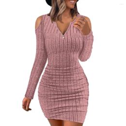 Casual Dresses Fall Winter Women Knitted Dress Zipper V Neck Hollow Out Slim Fit Sheath Elastic Solid Color Striped Long Sleeve Tight