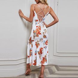 Casual Dresses Sexy Bodycon Midi Dress Women Summer Fashion White Backless Lace-up Slit Beach Sundress Ruched Floral In 2024