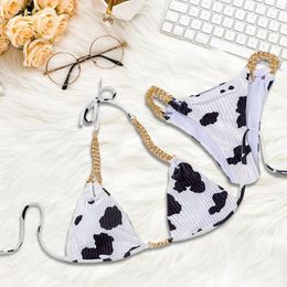 Women's Swimwear Women Bikini Set Backless Chain Split Thong Tie Black White Cow Print Fashion Bathing Suit For Club Travel Vacation Beach