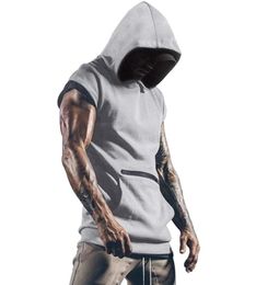 Gyms Clothing Mens Bodybuilding Solid Hooded Tank Top Cotton Sleeveless Vest Sweatshirt Fitness Workout Sportswear Tops Male Men3019271