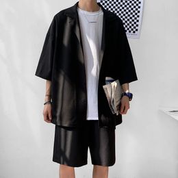 Summer 2 Piece Set Men Suit Jacket and Shorts Oversized Clean Fit Male Clothes Korean Style Casual Loose Short Shirt Outfits Man 240511