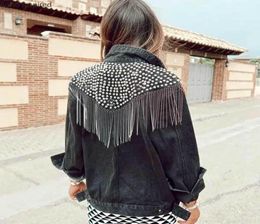 Women039s Jackets Boho Inspired Studded Fringe Trim Denim Jacket For Women Vintage Black Long Sleeve Outerwear4263598