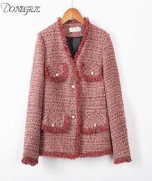 2020 New Spring Women Tweed Jackets New Brand Ladies Blends Wool Tassel Long Sleeve Red Single Breasted V Neck Fringe Coats3584844