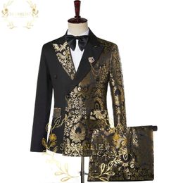 SZMANLIZI Double Breasted Black Gold Floral Jacquard Slim Fit Mens Suits Wedding Groom Tuxedos Party Jacket Pant Terno Masculino 240514