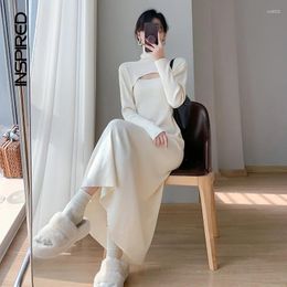 Casual Dresses Knit Black Long Long-sleeve Turtleneck Cropped Top And Solid Sundress Two Piece Sets 2024 Early Autumn Commute Dress