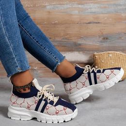 Casual Shoes Women Sneakers 2024 Summer Mesh Breathable Sports Lace-up Printed Non-slip Flats Classic Colour Block Ladies Plus Size