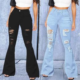 Women's Jeans WITHZZ Women's Elastic DenimWide Leg Trousers Fashion Women Ripped Hole High-waisted Flared