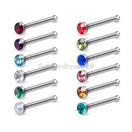 12pcs Crystal Straight Nose Stud Crystal Indian Nose Ring Nostril Bone Piercing Screw Stainless Steel Nariz Pin Body Jewelry