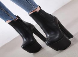 16cm woman motocycle boots black PU leather thick platform chunky heels designer shoes size 34 to 401078820