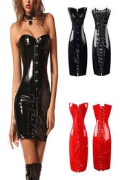 Women PU Leather Corset Gothic Sexy Dress Shiny PVC Leather Boned Bustier Top Lace Clubwear Corselet BlackRed4075664