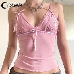 Women's Tanks CIBBAR Vintage Pink Crop Top Chic Bandage Bow Patchwork Camisole Women Casual Solid Harajuku Tank Tops Y2k Summer Tees